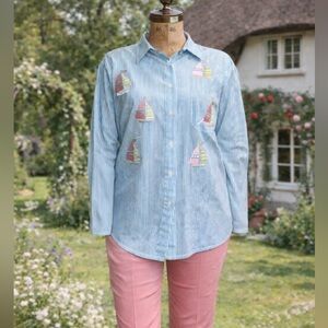 Vintage 1990s Mili Designs Sail Boat Novelty Print, Blue Striped Button Down Top
